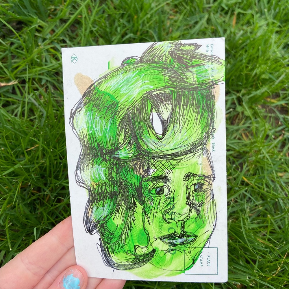 Unique Green Face Art on Vintage Post Card